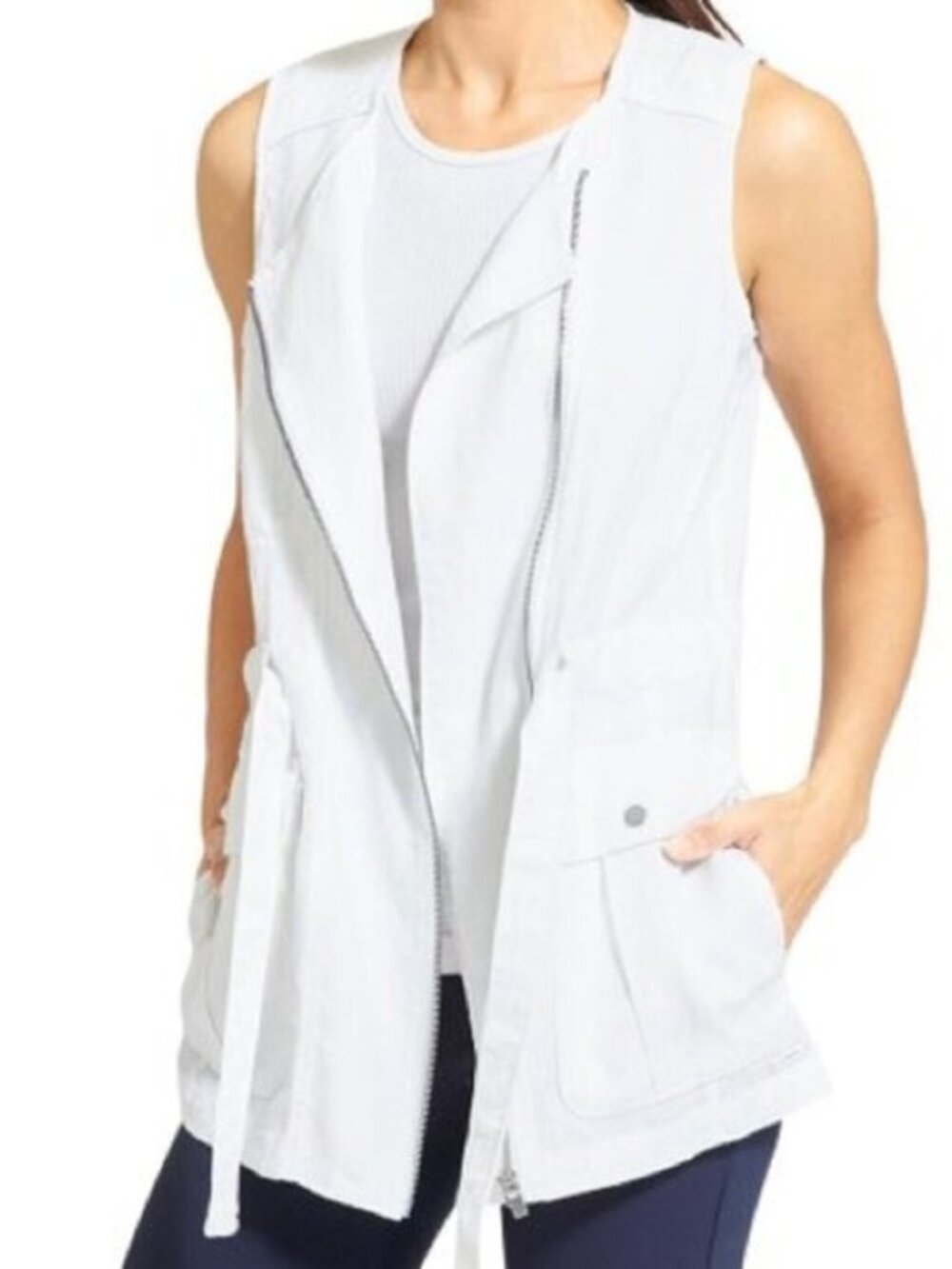 Athleta Wanderbout Linen Vest White Asymmetrical Zipper Tie Waist Utility Size S